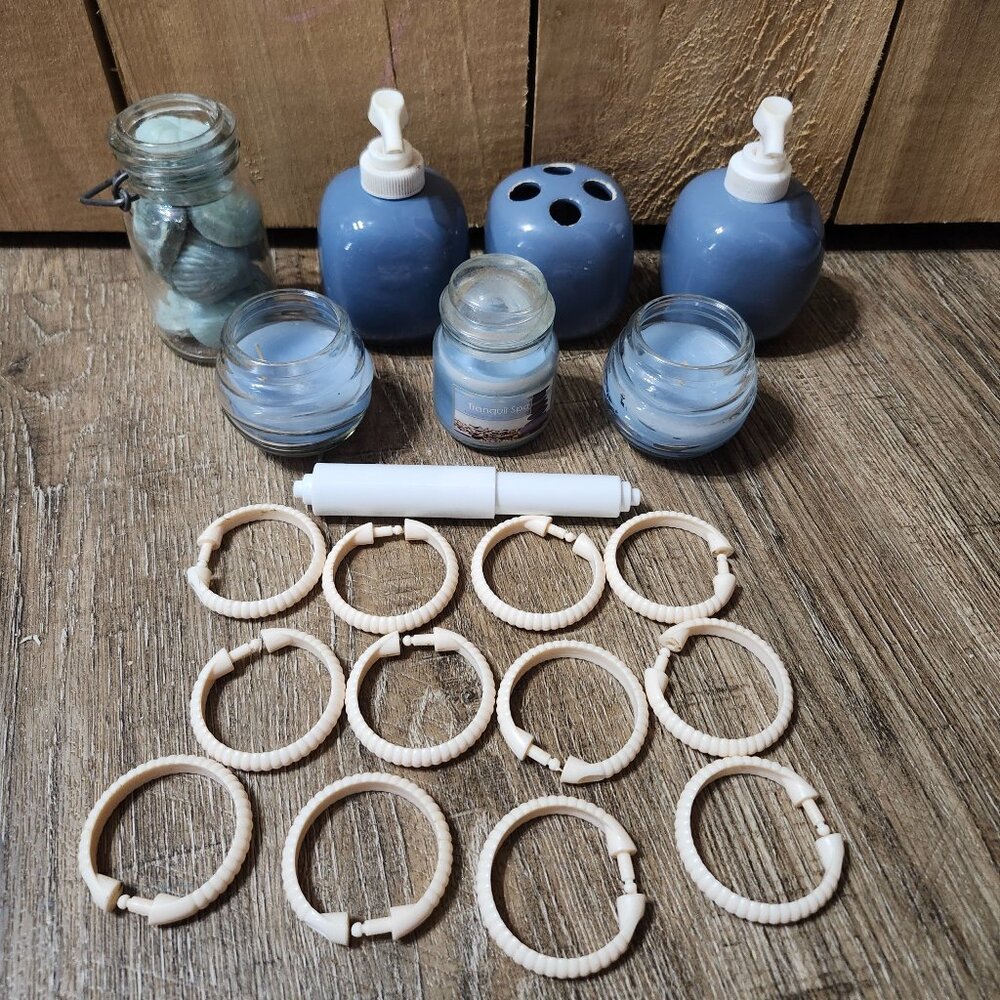 Blue soap pumps/toothbrush holder/candles/ decor soap & shower curtain rings